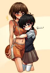 ... 2girls :o antenna_hair armpit_crease ball bare_arms bare_shoulders basketball_(object) black_eyes black_sweater_vest blush breasts brown_eyes brown_hair brown_skirt closed_mouth commentary cropped_legs dark-skinned_female dark_skin english_commentary flat_chest genderswap genderswap_(mtf) hair_behind_ear hair_between_eyes hair_ornament hairclip hand_on_another&#039;s_back highres holding holding_ball hug hug_from_side kel_(faraway)_(omori) kel_(omori) large_breasts linglanjunying looking_at_viewer low_twintails medium_hair midriff multiple_girls navel neckerchief nose_blush notice_lines omori orange_background orange_outline orange_shorts orange_tank_top outline parted_lips red_neckerchief shirt short_sleeves shorts simple_background skirt spoken_ellipsis sunny_(omori) sweater_vest tank_top thighhighs twintails white_shirt white_thighhighs yuri