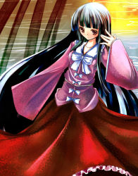 1girl bad_id bad_pixiv_id black_hair brown_eyes female_focus houraisan_kaguya japanese_clothes long_hair ribbon solo touhou very_long_hair yako