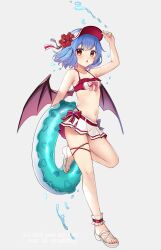 1girl :o alternate_costume bat_wings bikini bikini_skirt blue_hair bow bow_bikini breasts commentary flower grey_background hair_flower hair_ornament hand_on_headwear hibiscus highres holding holding_swim_ring innertube looking_at_viewer multicolored_bikini navel pink_bow red_bikini red_eyes remilia_scarlet ruhika sandals short_hair simple_background small_breasts solo standing standing_on_one_leg swim_ring swimsuit touhou two-tone_bikini visor_cap water watermark white_bikini white_sandals wings