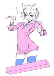 1girl absurdres animal_ears blue_eyes blue_thighhighs cat_ears commentary_request cosplay cropped_legs dress gundam gundam_build_fighters highres kousaka_china kousaka_china_(cosplay) looking_at_viewer nanami_ao pink_dress short_hair simple_background skirt smile solo thighhighs v white_background yasuda_suzuhito yozakura_quartet