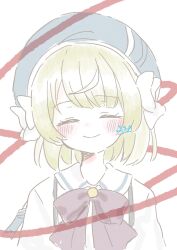 Rule 34 | 1girl, arms at sides, artist name, assault lily, beret, blonde hair, blue hat, blush, bow, bowtie, brown bow, brown bowtie, closed eyes, closed mouth, commentary request, esaka shizuku, facing viewer, fumi (fumifumi3axl), hair bow, hat, herensuge girls academy school uniform, highres, long sleeves, portrait, red ribbon, ribbon, school uniform, shirt, short hair, smile, solo, suspenders, upper body, white bow, white shirt