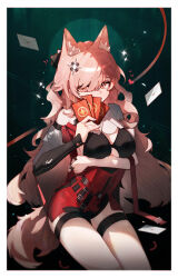 1girl absurdres alternate_costume animal_ear_fluff animal_ears arknights black_bra black_leotard border bra breasts card chinese_commentary commentary_request covering_own_mouth detached_collar dot_nose earrings envelope extra_ears eyes_visible_through_hair hair_between_eyes hair_ornament hair_spread_out heart highres holding holding_card huajiaohaibao jewelry large_breasts leotard long_hair looking_at_viewer pink_hair pozyomka_(arknights) red_leotard ring sidelocks solo tail thigh_gap thigh_strap thighs underwear very_long_hair white_border wolf_ears wolf_girl wolf_tail