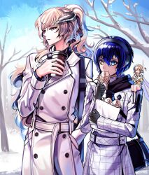 1girl 2boys absurdres alternate_hairstyle arm_up bag bare_tree bbing_(kurabe_juro) belt black_bag black_footwear black_gloves blonde_hair blue_eyes blue_hair boots buttons chewing closed_eyes coat commentary_request cup dark-skinned_male dark_skin disposable_coffee_cup disposable_cup double-breasted dress eating eyelashes fairy fairy_wings food food_in_mouth gallica_(metaphor:_refantazio) gloves hair_behind_ear hair_between_eyes hairband hand_in_pocket happy heart heterochromia highres holding holding_bag holding_cup holding_food horns lapels layered_sleeves long_hair long_sleeves looking_to_the_side louis_(metaphor:_refantazio) male_focus metal_hairband metaphor:_refantazio multicolored_dress multiple_boys orange_hair outdoors paper_bag parted_lips patterned_clothing ponytail protagonist_(metaphor:_refantazio) shoulder_bag side-by-side sitting sitting_on_shoulder sky sleeve_cuffs snow standing taiyaki tree wagashi white_belt white_coat wings winter yellow_eyes