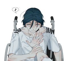 1boy 1other absurdres blue_hair closed_mouth commentary_request grabbing_another&#039;s_arm hair_between_eyes hand_on_another&#039;s_chest highres holding_another&#039;s_wrist jewelry looking_at_viewer maelo male_focus meguriya_ayumu necklace out_of_frame pov shirt short_hair simple_background smile toshi_densetsu_kaitai_center upper_body wheelchair white_background white_shirt yellow_eyes