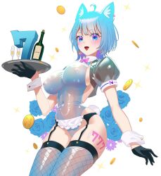 1girl ahoge alcohol alternate_costume animal_ear_piercing animal_ears black_garter_belt black_gloves black_jacket blue_eyes blue_flower blue_hair blue_leotard blue_rose blue_thighhighs blush bottle bow bowtie breasts buren champagne champagne_flute coin commentary_request covered_erect_nipples covered_navel cowboy_shot cropped_jacket cup dog_ears dog_girl drinking_glass earrings fake_tail fishnet_thighhighs fishnets flower garter_belt gloves heart heart_earrings highres holding holding_tray jacket jewelry large_breasts leg_tattoo leotard looking_at_viewer medium_hair nanashi_inc. open_mouth pink_bow pink_bowtie puffy_short_sleeves puffy_sleeves rabbit_tail rose short_sleeves simple_background single_earring smile solo souya_ichika tail tattoo thighhighs tray virtual_youtuber white_background wrist_cuffs
