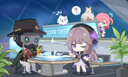 &gt;_&lt; :d ? animal animal_on_head arlan_(honkai:_star_rail) asta_(honkai:_star_rail) beret black_gloves black_headwear blue_eyes brown_sleeves chibi chinese_commentary dark-skinned_male dark_skin dog dog_on_head full_body gloves hair_over_one_eye hand_on_own_chin hand_on_own_thigh hat herta_(honkai:_star_rail) highres honkai:_star_rail honkai_(series) looking_at_another monocle necktie official_art on_head one_eye_closed open_hand open_mouth pants peppy_(honkai:_star_rail) pink_hair plant red_necktie robot screwllum_(honkai:_star_rail) side_ponytail sitting smile spacecraft speech_bubble standing white_hair white_pants wubbaboo_(honkai:_star_rail)