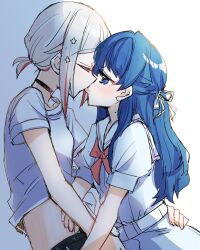 Rule 34 | 2girls, black choker, blue dress, blue eyes, blue hair, choker, closed eyes, collarbone, commentary request, dollchestra, dress, french kiss, grey hair, hair ornament, half-closed eyes, half updo, hand on another&#039;s back, hand on another&#039;s stomach, hasu no sora school uniform, highres, kanduki kamibukuro, kiss, link! like! love live!, looking at another, love live!, low ponytail, midriff, mole, mole on neck, multicolored hair, multiple girls, murano sayaka, neckerchief, ponytail, red hair, red neckerchief, sailor collar, sailor dress, school uniform, shirt, short hair, short ponytail, short sleeves, sidelocks, star (symbol), star hair ornament, streaked hair, summer uniform, t-shirt, tongue, tongue out, two-tone hair, virtual youtuber, white sailor collar, white shirt, yugiri tsuzuri, yuri