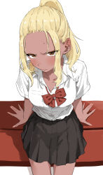 Rule 34 | 1girl, absurdres, arm support, black skirt, blonde hair, blush, bow, bowtie, brown eyes, closed mouth, collared shirt, commentary request, cowboy shot, dark-skinned female, dark skin, from above, highres, ichinose karina, long hair, manemane nichinichi, on bench, pleated skirt, ponytail, red bow, red bowtie, school uniform, shirt, sidelocks, simple background, sitting, skirt, solo, white background, white shirt, yamamoto souichirou