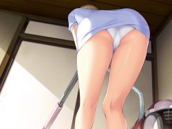1girl ass ayase_sakimi brown_hair female_focus from_behind from_below game_cg kneepits leaning_forward maro_no_kanja_wa_gatenkei panties pantyshot sakagami_umi solo underwear upskirt vacuum_cleaner white_panties