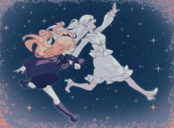 Rule 34 | 2girls, black shirt, black skirt, crying, earrings, hair ribbon, high heels, highres, jacket, jewelry, long hair, multiple girls, nolia (seleri&#039;s lament), official art, one side up, orange hair, pointy ears, raingarita, ribbon, running, seleri&#039;s lament, seleri briar, shirt, skirt, tears, white hair, white jacket, white skirt