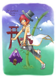 1girl ark_kan bamboo black_hat black_shirt black_shorts blue_eyes blue_sky blush breasts character_name cleavage cloud coat commentary_request copyright_name day full_body grass grey_shoes hat jumping karakasa_(ragnarok_online) karakasa_obake looking_at_viewer looking_to_the_side medium_breasts monk_(ragnarok_online) open_clothes open_coat open_mouth outdoors purple_umbrella ragnarok_online red_hair rope_belt shirt shoes short_hair shorts sky solo top_hat torii umbrella white_coat