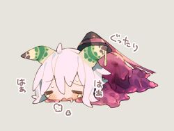 1girl =_= ahoge blush breath chuno_(poym) closed_eyes commentary covered_in_slime drooling exhausted facing_viewer full_body furrowed_brow grey_background highres leucochloridium_paradoxum lying mouth_drool on_stomach open_mouth original raised_eyebrows simple_background slime_(substance) slimy snail_girl snail_shell solo symbol-only_commentary tearing_up translated trapped white_hair
