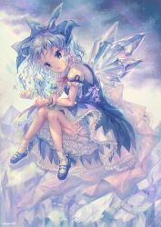 Rule 34 | 1girl, amo (shibu3), bloomers, blue background, blue bow, blue dress, blue eyes, blue hair, blue ribbon, blue shoes, bow, cirno, cryokinesis, dress, fog, frilled wrist cuffs, frills, highres, ice, ice wings, mary janes, open mouth, raised eyebrows, ribbon, shoes, short hair, short sleeves, socks, solo, touhou, two-tone background, underwear, white background, white socks, wings, wrist cuffs