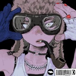 Rule 34 | 1girl, asymmetrical gloves, barcode, black background, blue gloves, brown hat, colored skin, fingerless gloves, fur hat, gloves, goggles, grey eyes, hat, highres, jewelry, lips, looking at viewer, mettaflix, necklace, original, pink skin, pipe in mouth, red nails, shirt, smoking pipe, solo, upper body, ushanka, white gloves, white shirt