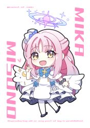 1girl absurdres blue_archive blue_bow blue_bowtie blush bow bowtie character_name chibi chibi_only commentary_request dress full_body hair_bun halo hand_up highres long_hair looking_at_viewer low_wings mika_(blue_archive) murasame_(sword_of_nmkr) open_mouth partial_commentary pink_hair pink_halo solo standing twitter_username very_long_hair w white_dress white_wings wings yellow_eyes