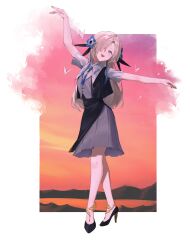 1girl absurdres anklet asymmetrical_bangs bare_legs blue_eyes border brooch bug butterfly ciel_(kamitsubaki_studio) ciel_(kamitsubaki_studio)_(cosplay) commentary_request cosplay crossed_legs dress flower foot_jewelry frilled_shirt_collar frills full_body grey_hair grey_shirt grey_skirt hair_flower hair_ornament hair_over_one_eye high_heels highres insect isekaijoucho jewelry kamitsubaki_studio long_hair looking_up neck_tassel nemophila_(flower) one_eye_covered orange_sky outside_border outstretched_arms pleated_skirt shiraishi_kanoya shirt shirt_overhang short_dress short_sleeves skirt sky smile solo teeth upper_teeth_only white_border
