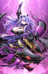 1girl armor black_armor blush breasts burnt_green_tea camilla_(fire_emblem) cleavage dragon fire_emblem fire_emblem_fates gloves guitar hair_ornament hair_over_one_eye highres instrument large_breasts lips long_hair looking_at_viewer nintendo purple_eyes purple_hair smile solo tiara very_long_hair wavy_hair wyvern