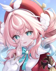 1girl absurdres aqua_bow aqua_bowtie aqua_eyes aqua_hair blue_sky bow bowtie commentary_request dress drill_hair hat highres honkai:_star_rail honkai_(series) hyacine_(honkai:_star_rail) multicolored_hair pink_hair red_dress red_hat rinna_(xxrinna) sky smile solo twin_drills twintails two-tone_hair