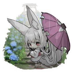 1girl absurdly_long_hair animal_ear_fluff animal_ears barefoot blue_flower chibi closed_mouth commentary_request flower fox_ears fox_girl fox_tail grey_hair highres holding holding_umbrella japanese_clothes kimono long_hair long_sleeves obi oil-paper_umbrella original rain red_eyes sash simple_background solo stairs standing tail torii torn_umbrella umbrella very_long_hair white_background white_kimono wide_sleeves yuuji_(yukimimi)