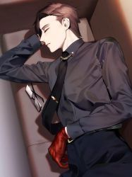 1boy bad_id bad_twitter_id black-framed_eyewear black_neckwear black_pants black_shirt brown_hair closed_mouth couch unworn_eyewear from_above gloves highres hypnosis_mic iruma_jyuto lying male_focus on_side pants rectangular_eyewear red_gloves shirt sleeping solo wadani_hitonori
