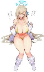 1girl absurdres alternate_costume asuna_(blue_archive) bikini black_choker blue_archive blue_eyes blue_halo blue_ribbon breasts breasts_squeezed_together brown_hair choker cleavage collarbone commentary full_body gold_bikini hair_over_one_eye hair_ribbon halo highres invisible_chair knees_together_feet_apart large_breasts long_hair looking_at_viewer loose_socks mole mole_on_breast nac000 off_shoulder open_clothes open_shirt parted_lips ribbon shirt sidelocks simple_background sitting sleeves_past_wrists smile socks solo string_bikini swimsuit thigh_gap translated very_long_hair white_background white_shirt white_socks