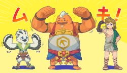 3boys archaic_set_(zelda) beak bird_boy blue_eyes blush_stickers facial_hair feathers flexible goatee goron grey_hair highres link multiple_boys muscular muscular_male nintendo pointy_ears rito sandals souko_(kuyugiri) standing talons the_legend_of_zelda the_legend_of_zelda:_tears_of_the_kingdom tulin_(zelda) white_feathers winged_arms wings yunobo