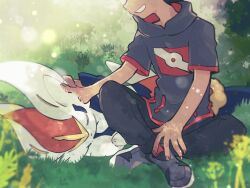 1boy bare_arms black_hair black_pants cinderace closed_eyes commentary_request creatures_(company) dappled_sunlight dark-skinned_male dark_skin eyes_out_of_frame game_freak gen_8_pokemon goh_(pokemon) grass grey_shirt grey_shoes grin head_out_of_frame highres indian_style lens_flare looking_at_another lying nintendo on_grass on_side pants petting pokemon pokemon_(anime) pokemon_(creature) pokemon_journeys shadow shirt shoes short_hair sitting sleeping smile sstoh sunlight teeth tree_shade white_fur