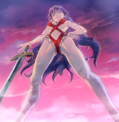 1girl blue_eyes breasts cameltoe cleavage commentary_request dragon_quest dragon_quest_ii erdrick&#039;s_sword from_below gluteal_fold hand_on_own_hip highres lace_trim long_hair looking_at_viewer looking_down medium_breasts multicolored_sky navel one-piece_swimsuit pink_sky planted planted_sword planted_weapon princess_of_moonbrook purple_hair purple_sky red_one-piece_swimsuit revealing_clothes revealing_swimsuit_(dq) sideboob sky solo swimsuit sword tamago_tomato underboob weapon