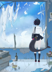 1girl abandoned absurdres bag bird black_choker black_hair black_shoes black_skirt black_socks blue_sky bottle choker cloud commentary ellen_joe ellen_joe_(on_campus) fins fish_tail from_behind highres midfinger pleated_skirt red_nails shark_girl shark_tail shirt shoes short_hair shoulder_bag skirt sky sleeves_rolled_up socks solo tail white_bird white_shirt zenless_zone_zero