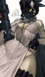 Rule 34 | 1girl, alcina dimitrescu, alcina dimitrescu (cosplay), arm cannon, black dahlia, black hair, breasts, clothes lift, cosplay, covered navel, cyborg, dress, dress lift, earrings, feather hair ornament, frilled thigh strap, fur hat, gloves, hair ornament, hat, highres, jewelry, large breasts, leaning back, maisujim, mask, no panties, resident evil, resident evil village, skullgirls, solo, thigh strap, veil, weapon, white background
