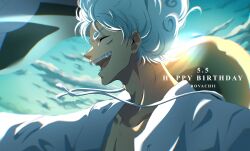 1boy ^_^ artist_name blue_sky closed_eyes cloud dated gear_fifth happy_birthday hashtag-only_commentary hat highres male_focus monkey_d._luffy one_piece open_mouth profile rovachii scar scar_on_face shirt sky solo straw_hat white_hair white_shirt
