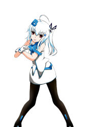 1girl ahoge alphabet aqua_hair armband bili_girl_33 bilibili black_pantyhose detached_sleeves female_focus gloves hair_ornament hair_ribbon highres open_mouth pantyhose pointy_ears red_eyes ribbon scgabriel simple_background skirt solo white_background