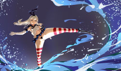 Rule 34 | 1girl, black hairband, black panties, blonde hair, blue sailor collar, blue skirt, crop top, elbow gloves, female focus, gloves, grey eyes, hairband, highleg, highleg panties, kantai collection, long hair, microskirt, miniskirt, panties, pleated skirt, sailor collar, shimakaze (kancolle), skirt, solo, striped clothes, striped thighhighs, thighhighs, underwear, water, waves, white gloves, yamaioni (sasakama)