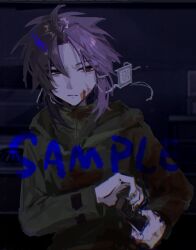 Rule 34 | 1boy, black eyes, black hair, blood, blood on clothes, blood on face, chinese commentary, chromatic aberration, closed mouth, commentary request, eyepatch, green jacket, heterochromia, high collar, highres, hood, hood down, hooded jacket, jacket, kanji (songyeyisongshenmashihouhewojiehun), long sleeves, male focus, medical eyepatch, multicolored hair, mutsushika misumi, parted bangs, pink hair, red eyes, saibou shinkyoku, sample watermark, solo, split-color hair, two-tone hair, unworn eyepatch, watermark