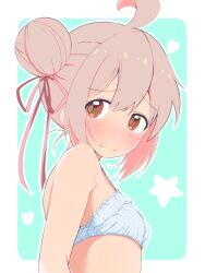 1girl ahoge aqua_background bare_arms bare_shoulders blush border bra breasts brown_eyes commentary double_bun from_side hair_between_eyes hair_bun hair_ribbon heart highres looking_at_viewer onii-chan_wa_oshimai! outline outside_border oyama_mahiro pink_hair red_ribbon ribbon simple_background small_breasts smile solo star_(symbol) underwear unkimo upper_body white_border white_bra white_outline