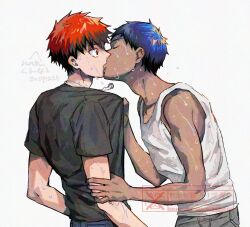 2boys aomine_daiki black_shirt blue_hair chain chain_necklace dark-skinned_male dark_skin grey_background jewelry kagami_taiga kiss kuroko_no_basuke male_focus multiple_boys necklace newnnb red_hair shirt short_hair short_sleeves simple_background sweat t-shirt tank_top watermark wet white_tank_top yaoi
