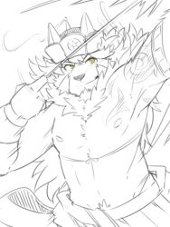 1boy animal_ears arrow_(projectile) closed_mouth commentary_request fang fang_out furry furry_male gegegenomin holding holding_arrow male_focus nipples partially_colored pectorals smile temujin_(housamo) tokyo_houkago_summoners toned toned_male topless_male wolf_boy wolf_ears