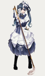 1girl absurdres alternate_costume apron bell black_hair bow bowtie broom enmaided eyepatch fate/grand_order fate_(series) fingernails highres holding holding_broom long_hair maid maid_apron mochizuki_chiyome_(fate) purple_eyes smile tanuki_(siutkm0228) twintails