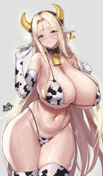 1girl absurdres alternate_costume animal_print areola_slip bell bikini blonde_hair blush breasts cerestia_of_life commentary_request cow_horns cow_print cow_print_bikini cow_print_gloves cow_print_thighhighs cowboy_shot curvy ear_tag elbow_gloves elf fake_horns gloves highleg highleg_bikini highres horns huge_breasts last_origin long_hair looking_at_viewer micro_bikini navel neck_bell pointy_ears print_bikini print_gloves print_thighhighs serin199 shiny_skin skindentation solo stomach straight_hair sweat swimsuit thick_thighs thighhighs thighs thong thong_bikini very_long_hair wide_hips