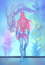 1boy 1other belt blue_skin colored_skin diver_down_(stand) fishnet_thighhighs fishnet_top fishnets full_body grey_skirt hat highres jojo_no_kimyou_na_bouken long_hair miniskirt narciso_anasui pink_eyes pink_hair plant prof_pega purple_hat skirt stand_(jojo) stone_ocean thighhighs tube upside-down white_belt white_thighhighs wristband