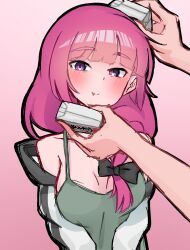 1girl 1other absurdres ballimurphy bare_shoulders blush bocchi_the_rock! breasts closed_mouth collarbone dress fang gradient_background green_dress highres hiroi_kikuri jacket long_hair medium_breasts off_shoulder pink_background purple_eyes red_hair sleeveless sleeveless_dress upper_body white_jacket