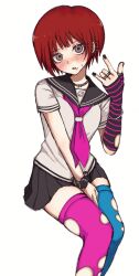 1girl asymmetrical_legwear black_nails black_sailor_collar black_skirt blush breasts cosplay danganronpa_(series) danganronpa_2:_goodbye_despair ear_piercing green_thighhighs hand_up highres jewelry koizumi_mahiru kun_(oxx_kn_xxo) looking_at_viewer miniskirt mioda_ibuki mioda_ibuki_(cosplay) mismatched_legwear nail_polish neckerchief piercing pink_neckerchief pink_thighhighs red_hair ring sailor_collar school_uniform short_hair short_sleeves simple_background sitting skirt small_breasts solo thighhighs torn_clothes torn_thighhighs