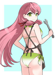 Rule 34 | 1girl, akashi (kancolle), akashi (swimsuit) (kancolle), apron, ass, bikini, blunt tresses, brown apron, from behind, gradient bikini, green bikini, green eyes, hair ribbon, halterneck, hand on own hip, highres, holding, holding wrench, kantai collection, long hair, looking at viewer, looking back, nearly naked apron, noba (ne83ko61), one-hour drawing challenge, pink hair, ribbon, side-tie bikini bottom, solo, string bikini, swimsuit, tress ribbon, wrench