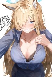Rule 34 | 1girl, absurdres, animal ears, armband, black bra, blonde hair, blue archive, blue armband, blue halo, blue shirt, blush, bra, breasts, cleavage, clenched teeth, dog ears, dog girl, doodle sensei (blue archive), halo, highres, kanna (blue archive), long hair, notched ear, oiru (613), partially unbuttoned, police, police uniform, policewoman, sensei (blue archive), sharp teeth, shirt, solo, sweat, teeth, unbuttoned, unbuttoned shirt, underwear, very long hair