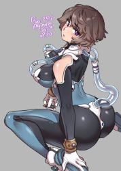 1girl agawa_ryou arm_behind_back artist_name ass bare_shoulders bodysuit breasts brown_hair closed_mouth commentary dated english_commentary from_behind gloves grey_background head_tilt holding large_breasts looking_at_viewer looking_back original purple_eyes short_hair simple_background sitting solo thick_eyebrows thighs tube usb wariza white_gloves
