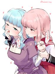 2girls absurdres aqua_hair blush futaba_sana green_eyes hand_on_another&#039;s_mouth highres holding_another&#039;s_wrist kamihama_university_affiliated_school_uniform magia_record:_mahou_shoujo_madoka_magica_gaiden mahou_shoujo_madoka_magica mizuna_girls&#039;_academy_school_uniform multiple_girls pink_hair red_eyes sakaemdg saliva school_uniform serafuku speech_bubble sweat tamaki_iroha yuri