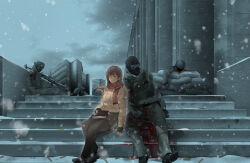 1girl 4others absurdres after_battle ammunition ammunition_pouch aran_sweater ayou_(aukuamani) balaclava bipod black_boots black_gloves bleeding blood blood_on_clothes blood_on_ground book boots breasts broken_eyewear brown_hair brown_pants brown_skirt brown_sweater building bulletproof_vest cable_knit closed_eyes closed_mouth cloud cloudy_sky coat combat_boots combat_helmet commentary corpse crack cracked_glass day death dying english_commentary fingerless_gloves gloves goggles grey_coat grey_pants grey_sky gun headset helmet highres holding holding_book hood hood_down hooded_coat injury knife knife_sheath leaning_on_object leaning_on_person load_bearing_vest machine_gun magazine_(weapon) medium_breasts military military_combat_uniform military_uniform multiple_others original outdoors outline pants pkm pouch red_scarf sandbag scarf sheath shell_casing sitting skirt sky smile snow stairs sweater weapon white_outline winter