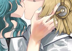 2girls absurdres artist_name blonde_hair close-up from_side grey_nails hand_focus hand_on_another&#039;s_head hand_up head_out_of_frame highres hissabeth kiss long_hair mark_under_eye multiple_girls pointer_(reverse:1999) profile ratanan reverse:1999 robot_ears short_hair watermark white_background yuri