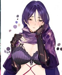 1girl armor bad_id bad_pixiv_id black_gloves bra breasts cleavage elbow_gloves fate/grand_order fate_(series) fingerless_gloves gloves highres japanese_armor kote large_breasts long_hair looking_to_the_side minamoto_no_raikou_(fate) parted_bangs parted_lips purple_bra purple_eyes purple_hair ribbed_sleeves ritalem solo underwear very_long_hair