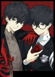 Rule 34 | 2boys, absurdres, amamiya ren, black-framed eyewear, black border, black coat, black hair, black jacket, blazer, border, breast pocket, buttons, calling card, card, cellphone, closed mouth, coat, dual persona, gloves, grey eyes, hand on another&#039;s shoulder, highres, holding, holding card, holding phone, jacket, joker (persona 5), looking at viewer, male focus, mnce o, multiple boys, outside border, parted lips, persona, persona 5, phone, pocket, red background, red gloves, school uniform, shirt, short hair, shuujin academy school uniform, smartphone, smile, turtleneck, turtleneck shirt, upper body, very short hair, white shirt